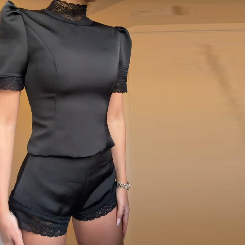 Blouse Off Shoulder - Nowe satynowe komplety z koronkowym wykończeniem